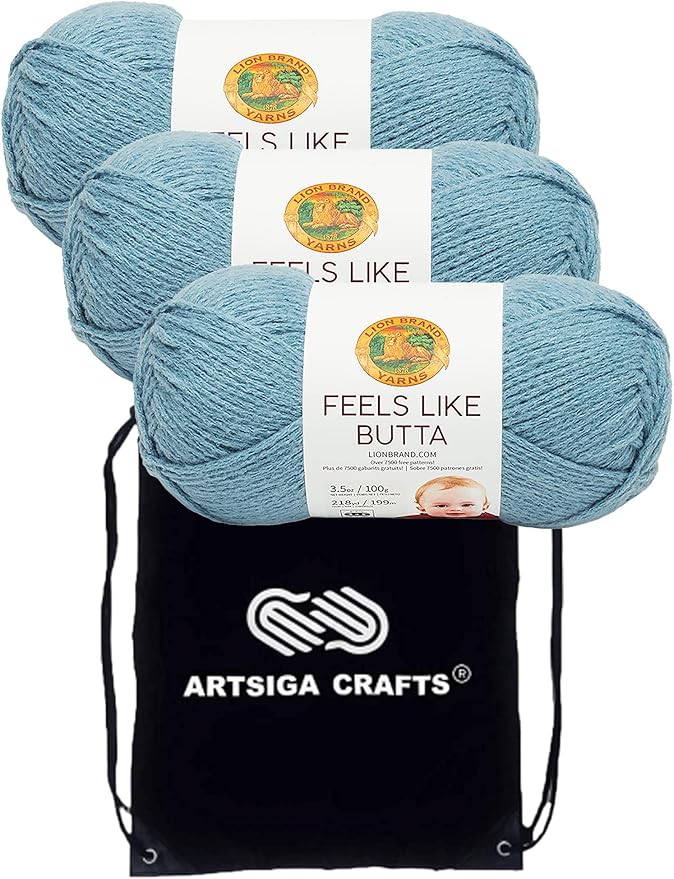 Lion Brand Feels Like Butta Dusty Blue 215-108 (3-Skeins - Same Dye Lot) Worsted Medium #4 Polyester Yarn for Crocheting and Knitting with Project Bag