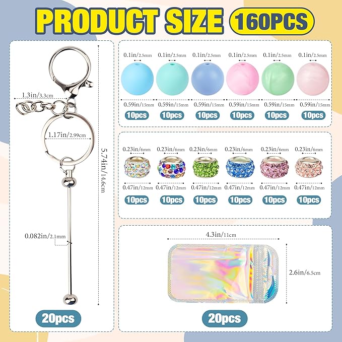 160pcs Beadable Keychains Set Bulk for Keychain Making Kit with Beadable Keychain Bar Silicone Beads Spacer Beads Gifts for Women Men DIY Crafts