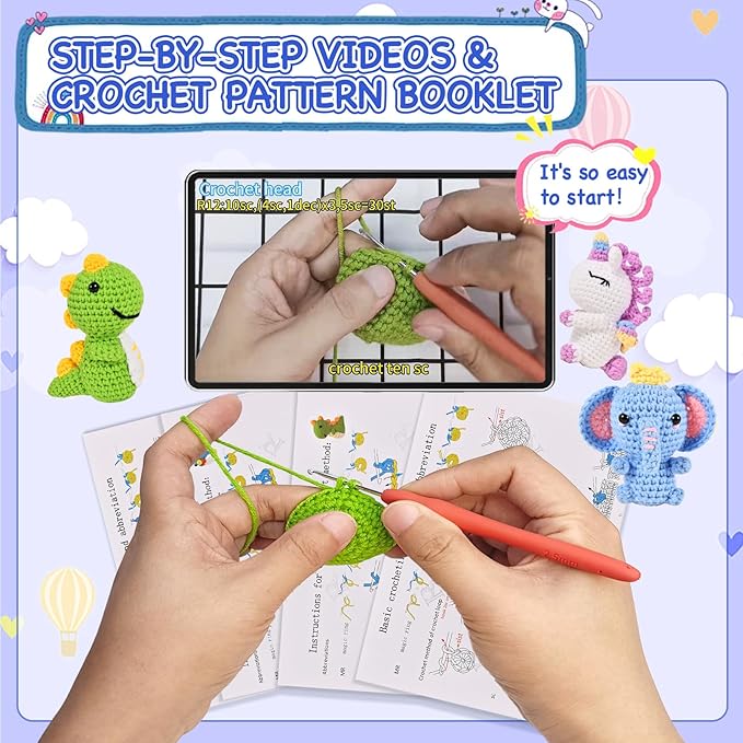 Wunila 6Pcs Crochet Kit for Beginners, DIY Craft for Adults, Great Gifts for Crochet Lovers, Crocheting Animals Kits with Step by Step Videos,Yarn,Crochet Hook,Birthday Gift, Holiday Gift