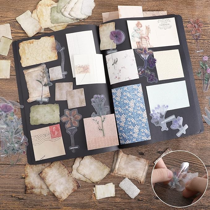 445 PCS Vintage Scrapbook Paper Journaling Scrapbooking Supplies Kit Aesthetic Decorative Craft Paper include 40 Sheet Flowers Stickers for Planner, Bullet Journaling, Junk Journal, Retro Crafts