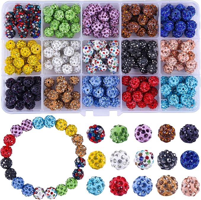 225pcs 10mm Rhinestone Beads for Jewelry Making, 15 Colors Clay Disco Round Ball Sparkly Crystal Diamond Bulk Bead for Bracelets Baseball Necklace Earring Crafting Christmas DIY Decoration