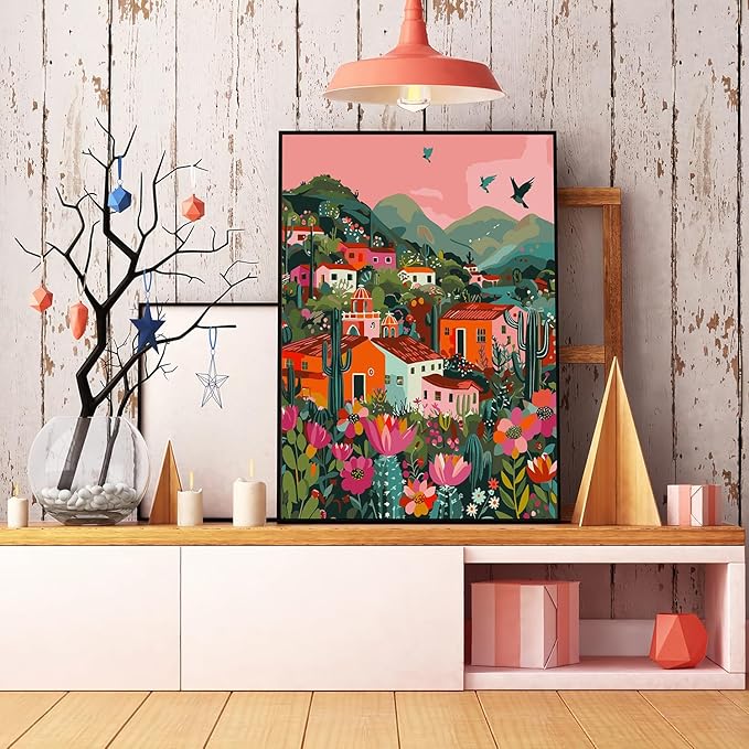 Paint by Numbers Kit for Adults Beginner, Mexican Village Building Adult Paint by Number Kits on Canvas, DIY Acrylic Oil Easy Painting by Numbers for Home Wall Decor 16X20 inch (Without Frame)