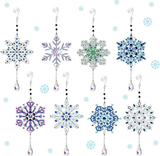 Uiifan 8 Pcs Winter Snowflake Diamond Art Kits 5d DIY Point Drill Painting Wind Crystal Wind Chimes Diamond Kit Double Sided Snowflake Ornaments with Crystal Pendant for Home Garden Hanging Decor