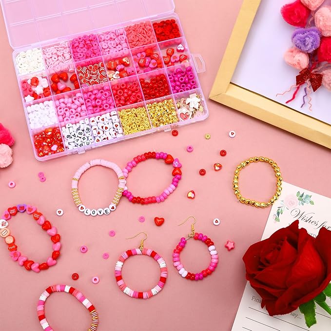 UPINS 2100Pcs Valentine’s Day Bracelets Beads Kit, Valentines Pink Red Beads for Jewelry Making, Assorted Polymer Clay Beads Heart Pony Candy Beads Letter Spacer Bead and Sweet Charms for Bracelet