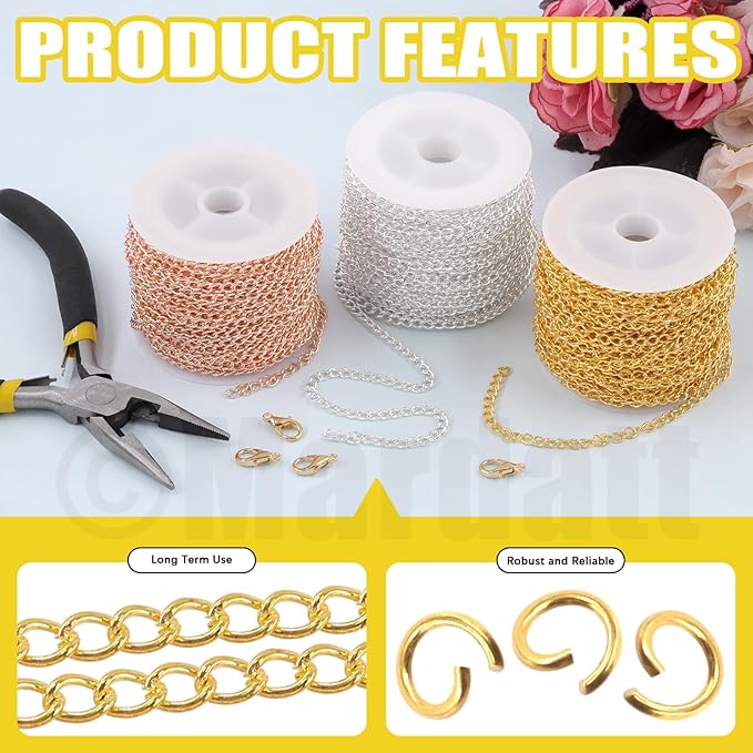 Mardatt 102Pcs Jewelry Making Kit, 10 Yards Necklace Chains with 50Pcs Open Jump Rings, 50Pcs Lobster Clasps, Chain Nose Pliers for DIY Necklace Bracelet Jewelry Making (Gold)