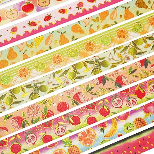 Fruits Washi Tape Set 10 Rolls Harvest Orchard Patterns Gold Decorative Tapes for Journals, Planners, Scrapbooking, Gift Wrapping, DIY Crafts (Fruits)