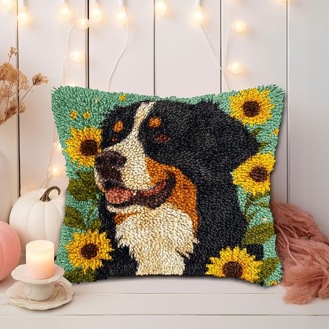 DIY Latch Hook Pillow Kits for Adults Bernese Mountain Dog and Sunflower Printed Pillowcase Crochet Yarns Hooking Handmade Pillow Cover Cushion for Home Sofa Decoration 17x17inch(2)
