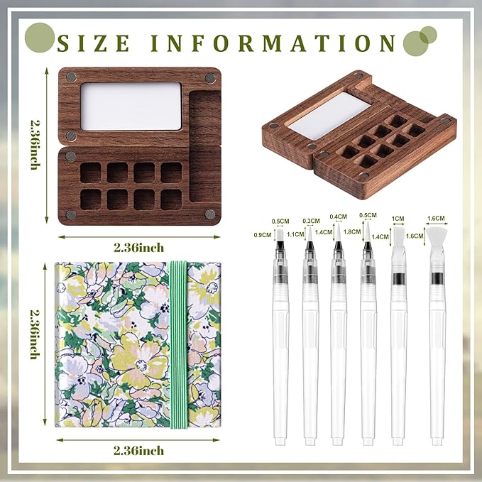 Qilery Mini Portable Watercolor Palette Set Wooden Grid Paint Box Watercolor Paper Sketch Book Brush Pens with Binder Clip for Painters Artist Not Include Paint(Small Flowers)