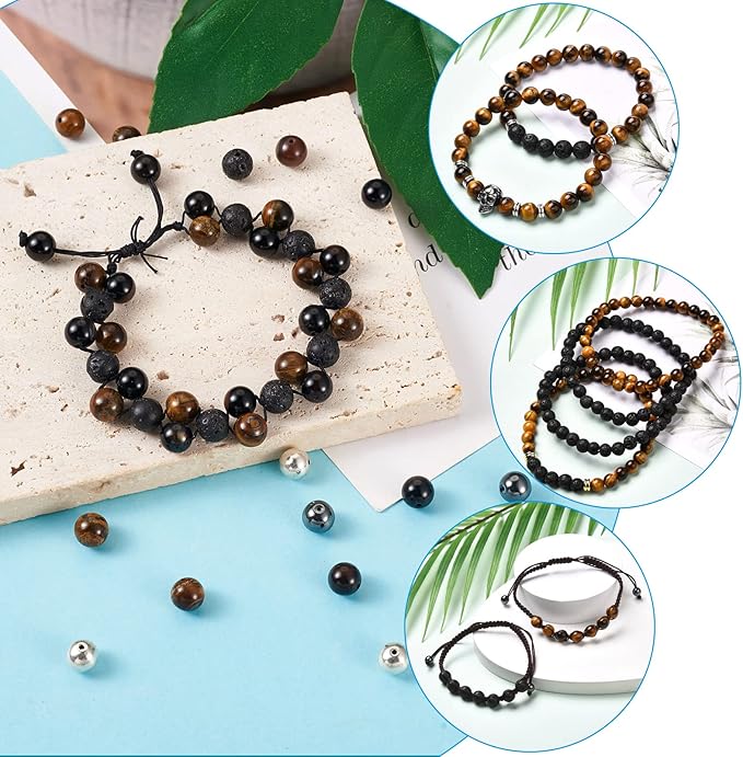 FASHEWELRY Mala Yoga Men Bracelet Making Kit - 220pcs Natural Gemstone Lava Rock Tiger Eye Beads Healing Crystal Chakra Stone Beads with Black Nylon String for Essential Oil Diffuser Jewelry Making