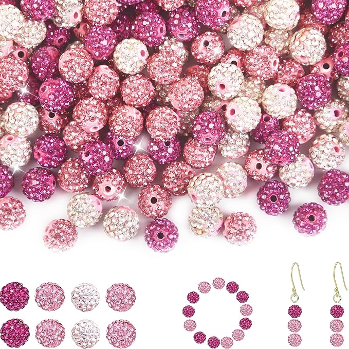 200Pcs Rhinestone Beads 10mm Pink Sparkle Round Shamballa Disco Ball Beads, Shiny Crystal Clay Pave Diamond Rhinestones Bead for Baseball Necklace Bracelet Earring Jewelry Making Party Decoration