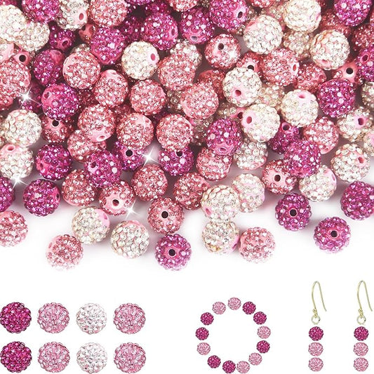 200Pcs Rhinestone Beads 10mm Pink Sparkle Round Shamballa Disco Ball Beads, Shiny Crystal Clay Pave Diamond Rhinestones Bead for Baseball Necklace Bracelet Earring Jewelry Making Party Decoration