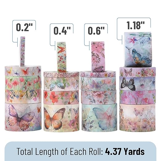 Mr. Pen- Washi Tape Set, 20 Rolls, Assorted Sizes, Watercolor Butterfly Design, Washi Tape for Journaling