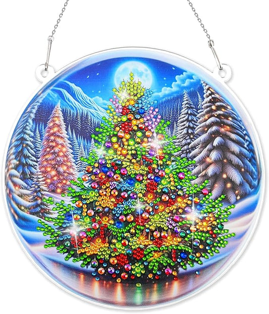 Diamond Art Hanging Kit for Adult, Painting Hanging Ornament Kit, Special Shaped Rhinestone,DIY Acrylic 5D Diamond Art Window Pendants Home Garden Wall Kits Hanging,Double Sided (Chrismas Tree)