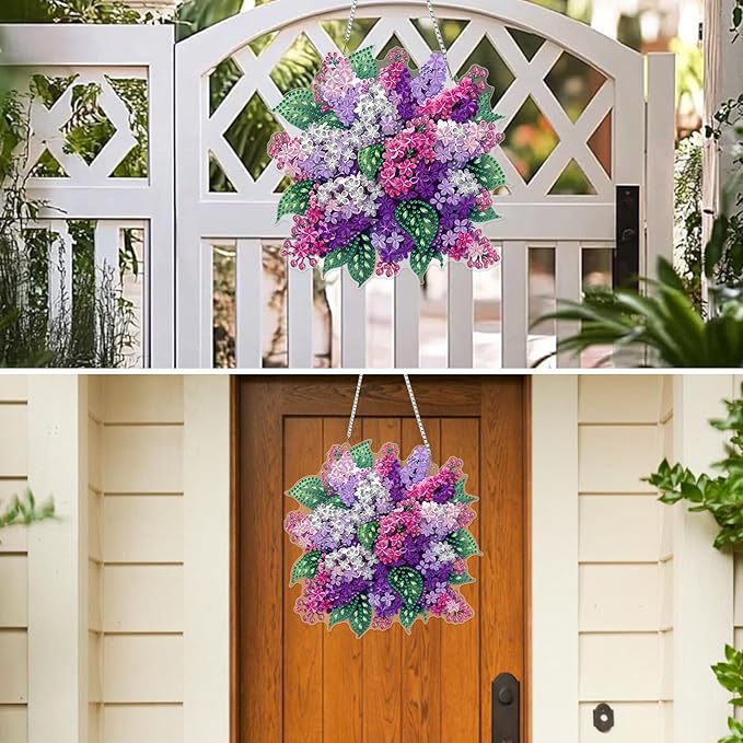 MXJSUA Lilac Flowers Diamond Art Hanging Kits for Adults Beginners, DIY Acrylic Special Shaped Crystal Diamond Gem Drills Pendant Art Painting Ornament for Home Wall Decor Gift 8x8 inch