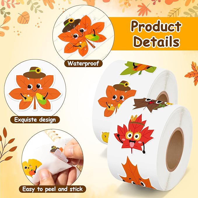 beyumi fall maple leaves sticker - 1000pcs fall cute leaf stickers in 2 rolls autumn thanksgiving adhesive maple leaf decals with expressions harvest party favor classroom office bottle decor for kids
