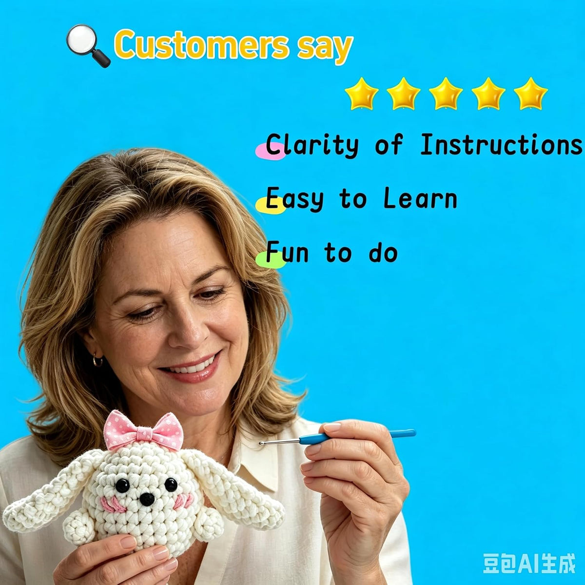 BUNUKY Beginner Crochet Kit, Snowy Bunny Amigurumi Starter Kit with Easy Video Tutorials, Complete DIY Rabbit Craft Kit Gift for Adults, Teens & Girls
