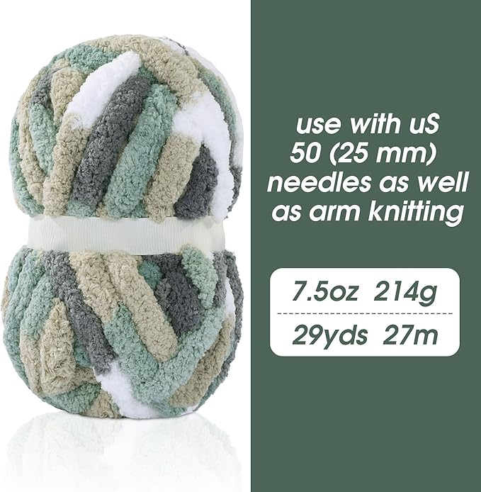 Maboozo Tie Dye Chunky Yarn 8 Pack, Grey, Green, White Fluffy Jumbo Chenille, Soft Plush Bulky, Giant Thick Fuzzy Yarn for Crocheting, Hand Knitting or Arm Knitting (26 yds, 7.5 oz Each)