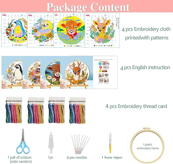 Zhenqing 4-Piece Animal Cross Stitch Kit for Beginners - Complete Set with Pre-Printed 11CT 24x24cm Fabric, Hoop & Tools (Penguin, Sloth, Cow, Deer Designs)(70405)