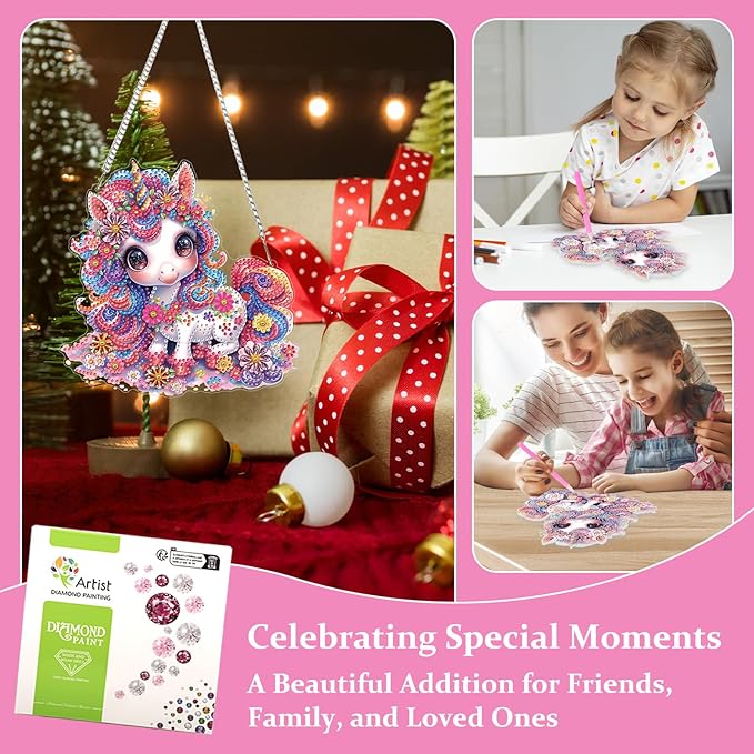 Lxmsja DIY Cute Unicorn Diamond Painting Hanging Ornament, Double-Sided Acrylic Colorful Flowers Diamond Art Kit, Special Shaped Suncatcher Hanging Pendant Window Art Kit