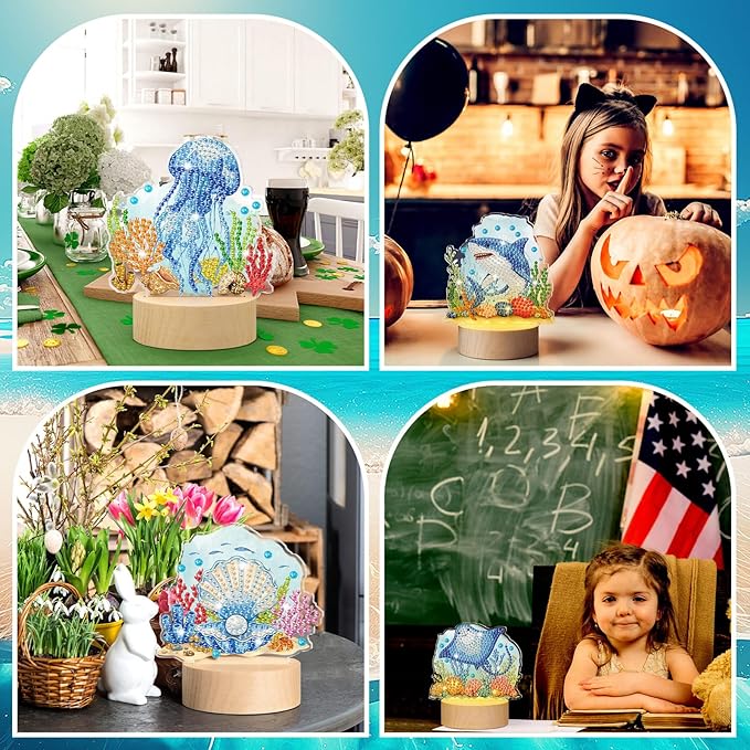 Chunful 13 Pcs Interchangeable Ocean Diamond Art Tabletop with Wooden Light Base Summer Ocean Animal Diamond Tabletop Decor DIY Blue Theme Diamonds Painting Kit for Home Office Tiered Tray Table Decor