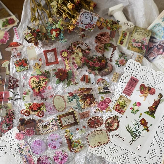 Vintage PET Sticker Book, 80 Pages Fantasy Ephemera for Scrapbooking, Journaling, Crafting, DIY Projects, and Art Supplies