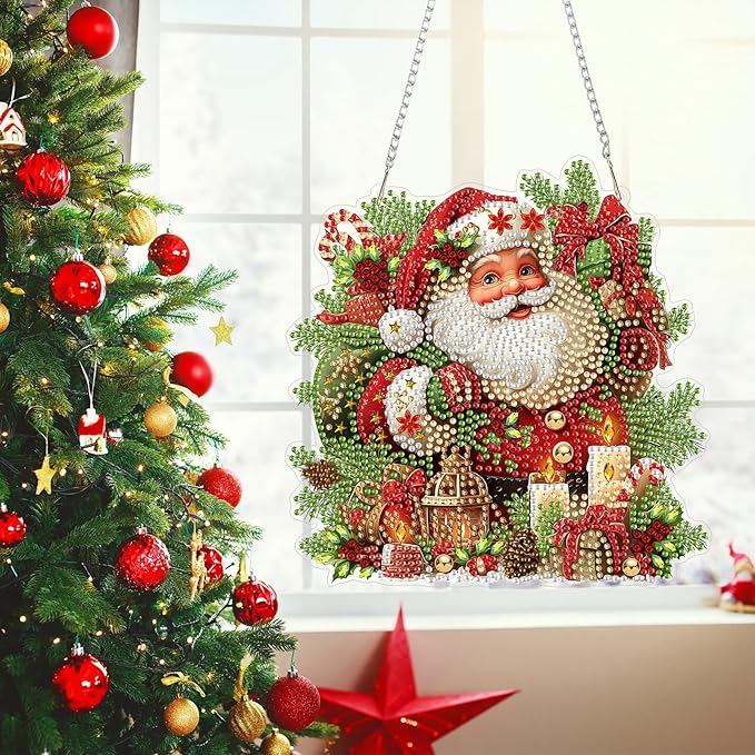 MEIYUDA Christmas Diamond Painting Hanging Kits, DIY Santa Claus Diamond Art Window Hanging Ornament for Adults, 5D Special Shape Rhinestone Pendant for Home Garden Wall Decor Gift