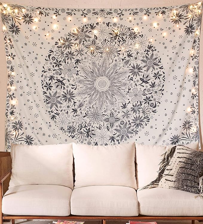 neasow bohemian tapestry wall hanging, beige white floral tapestry with dotted daisy medallion print bedroom boho hippie home decor, 60x80 inches