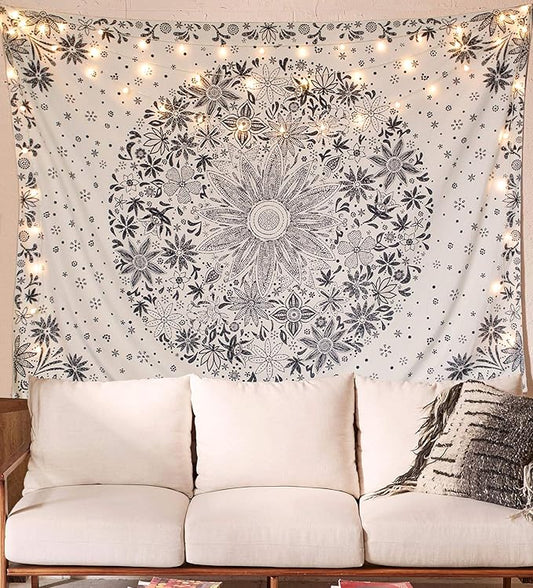 neasow bohemian tapestry wall hanging, beige white floral tapestry with dotted daisy medallion print bedroom boho hippie home decor, 50×60 inches