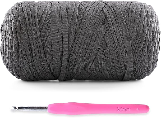 Soft T-Shirt Yarn for Crochet, T Shirt Yarns for Crocheting Crafts, Bags, Basket, Coaster, Tshirt Yarns - 400 g/130 yds with 1 Crochet Hook (1, Dark Grey)