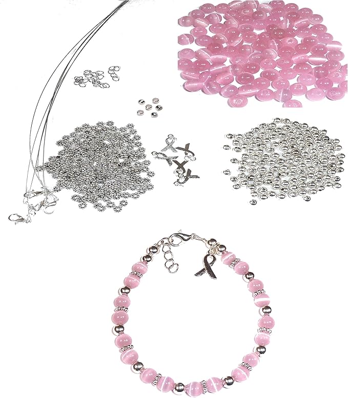 Hidden Hollow Beads DIY Craft Beading Kit, Everything to Make Cancer Awareness Bracelets, Uses Wire, Crimps and Clasps, Fundraising and Gifts (Breast Cancer - Pink - Makes 5)
