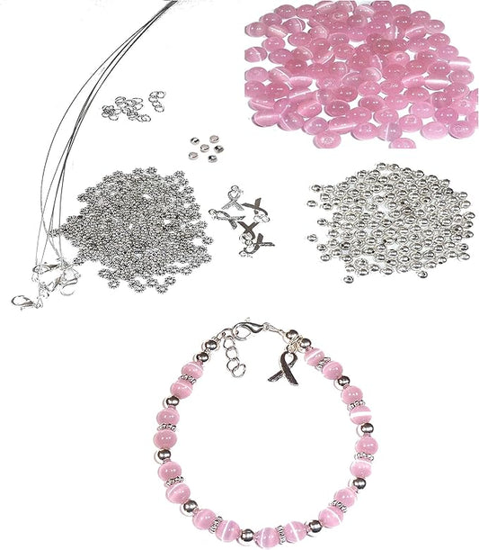 Hidden Hollow Beads DIY Craft Beading Kit, Everything to Make Cancer Awareness Bracelets, Uses Wire, Crimps and Clasps, Fundraising and Gifts (Breast Cancer - Pink - Makes 5)