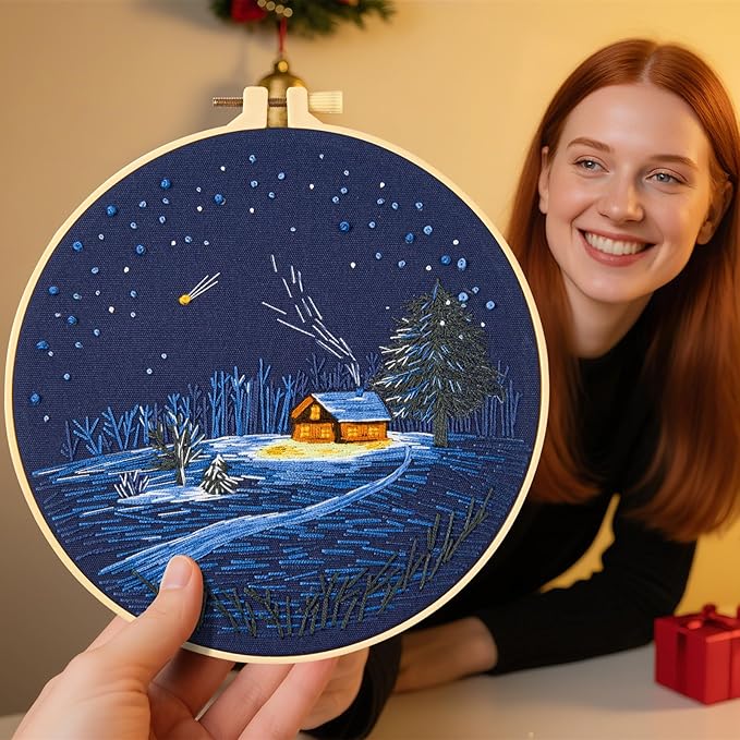 Christmas Embroidery Kits for Beginners Adults, Winter Hand Embroidery Starter Kits, Christmas Cross Stitch Kits for Beginners Needlepoint DIY Kits for Adults, Embroidery Hoop, Thread & Video Tutorial