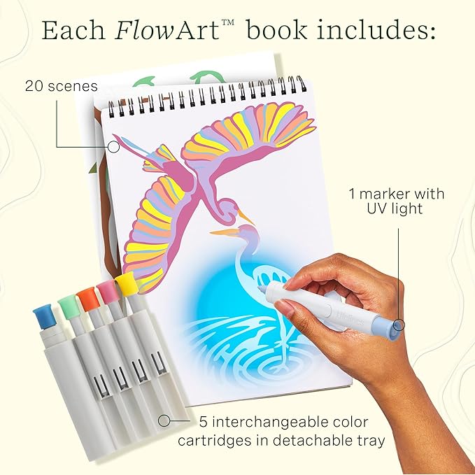 Lifelines FlowArt Activity Pads, UV Art 2-Pack - Guided Art Meditations + Illuminating Markers - 10 Markers, 40 Scenes & Bonus Scenes - Color by UV Light Coloring Books for Tweens, Adults & Seniors