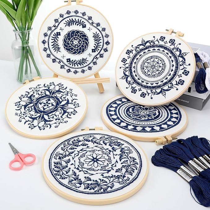 LOADSFUN 5 Pieces Embroidery Kit for Beginners, Cross Stitch Kits with Stamped Patterns,Hoop,Threads,Needle Threader Needlepoint Kits Crafts for Adults Step by Step Instructions Video