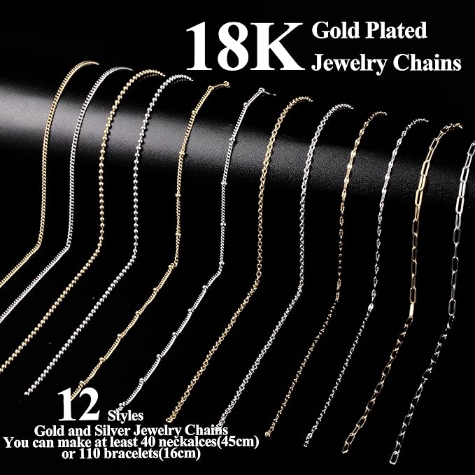 HUISUYTON 18K Gold Necklace Chain Kit for Jewelry Making, 59FT 12Rolls Bracelet Chains with Charms/Pliers/Jump Rings/Lobster Clasps Accessories for DIY Necklace Bracelet Making