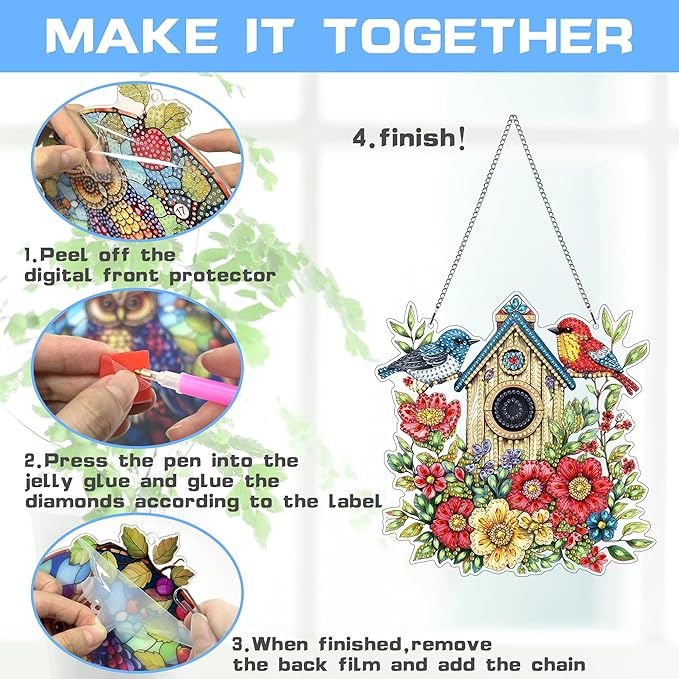 VAIIEYO Bird Diamond Art Hanging Ornament, Birdhouse Animal Diamond Painting Suncatchers Window Hanging Kit with Chain, 7.5x7.5 inch Crystal Pendant Art Craft for Gift Home Wall Front Door Decoration