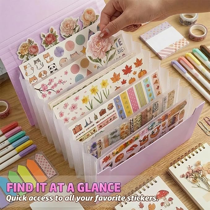 Sticker Storage Organizer with 7 Expandable Pockets, Multi-Layer Desktop Sticker Binder for Scrapbook Essentials and Journal Organizer, Large Capacity for Thick Sticker Album, Washi Tape(Light Purple)