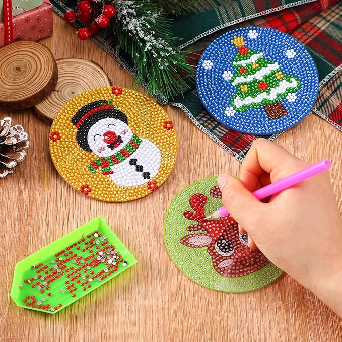 UPINS 8Pcs Christmas Diamond Art Painting Coasters with Holder for Drinks DIY Life Coaster Diamond Art Kits for Adults Kids Beginners Diamond Art Craft Supplies