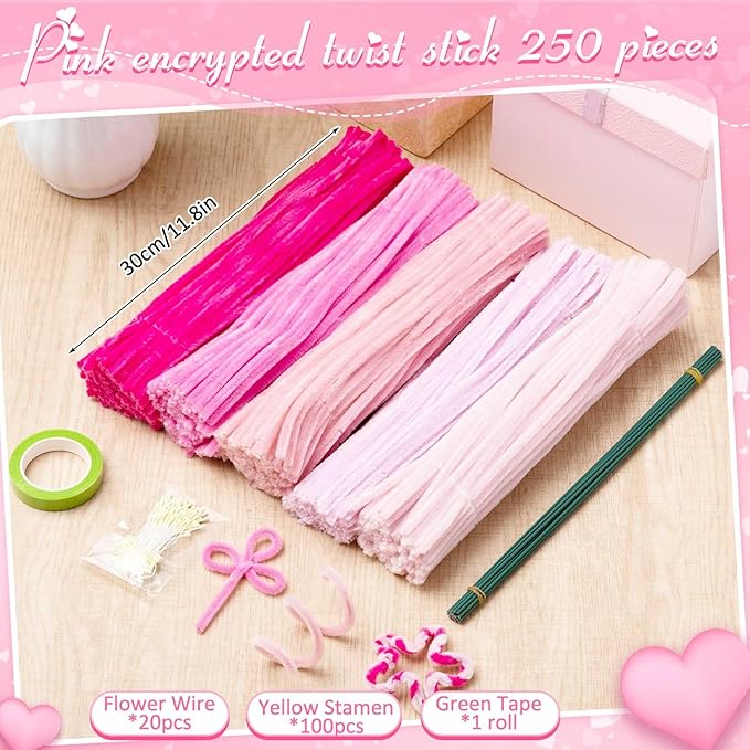 Peryiter 371 Pipe Cleaners Flowers Set, Mixed Colors Chenille Stems Bulk with Floral Wires, Gardening Tape, Stamen for DIY Flower Making Kit, Gift Idea for Mother's Day(Pink)