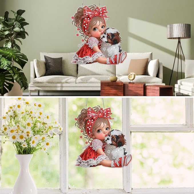 MXJSUA Diamond Art Hanging Kits for Adults Beginners, DIY Acrylic Special Shaped Crystal Diamond Gem Art Painting Hanging Ornament for Home Wall Decor and Gift (Girl and Dog)