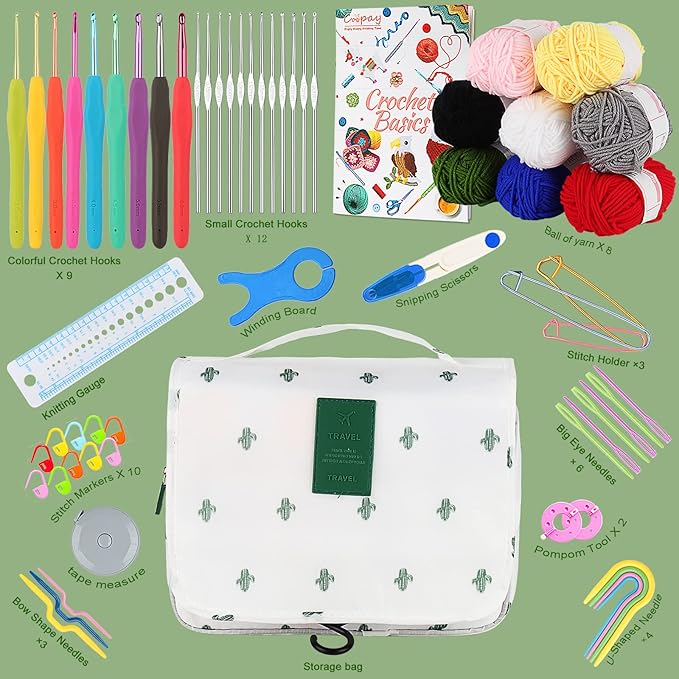 coopay upgraded crochet kit for beginners, crochet set with hanging case & 8 yarn for crocheting, 63pcs crocheting hook set w book, knitting hooks ergonomic soft grip & knitting crocheting supplies