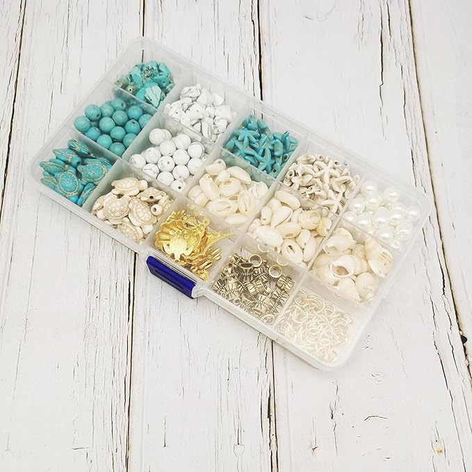 Julie Wang 422PCS Gold Tone Alloy Pendants Seashells Man-made Turquoise Beads Starfish Turtle Ocean Charms for Jewelry Making Summer Beach Bead Necklace Bracelet DIY Accessory