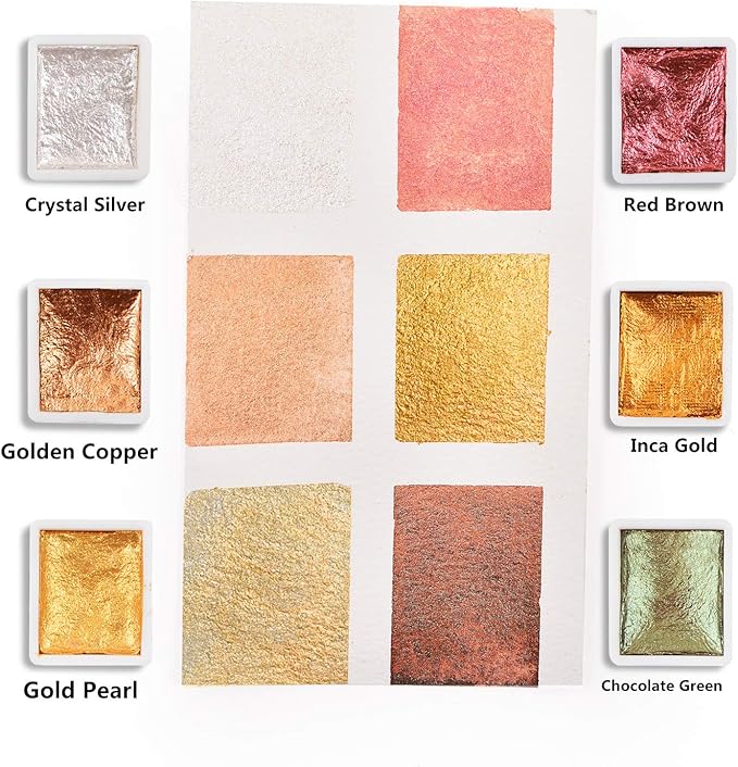 Csy Art Supplies Handmade Watercolors Paint Set - 6 Metallic Gold Colors Half Pans Glitter Solid Water Color- Metal Case Sparkle Pearlescent Watercolour For Artists, Students & Hobbyists