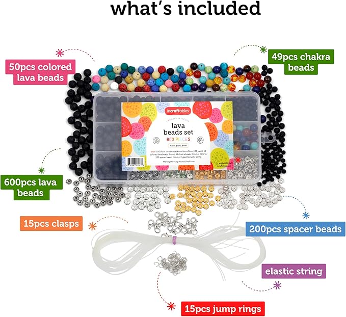 Incraftables 600+ Lava Beads Collection – Natural Volcanic Rock for Jewelry Making – Black 4mm 6mm 8mm Sizes, Chakra Stones, Colorful Beads, Spacers & Complete Jewelry Findings Set