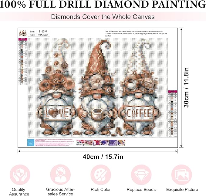 Yezavesu Gnome Diamond Art Kits for Adults, Coffee Diamond Painting Kit for Beginners, 5D DIY Round Full Drill Painting with Gem Art Craft Kits for Home Wall Decor 12x16 Inch