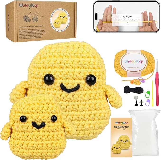 WaldyWop Crochet Kit for Beginners: 2 PCS Easy Complete Knitting Kit with Step by Step Video & Written Tutorials, Soft Yarns (Extra 40%), Hook - Birthday Gift Set for Women (Chicken Nuggets)
