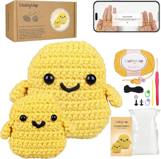 WaldyWop Crochet Kit for Beginners: 2 PCS Easy Complete Knitting Kit with Step by Step Video & Written Tutorials, Soft Yarns (Extra 40%), Hook - Birthday Gift Set for Women (Chicken Nuggets)