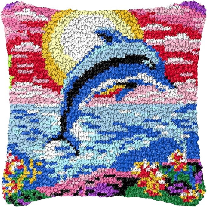 MIAOLLUN Sunset Dolphin Latch Hook Kits DIY Throw Pillow Cover for Adults Kids Color Pattern Printed Hook Crochet Yarn Hand Craft Embroidery 17X17 Inch
