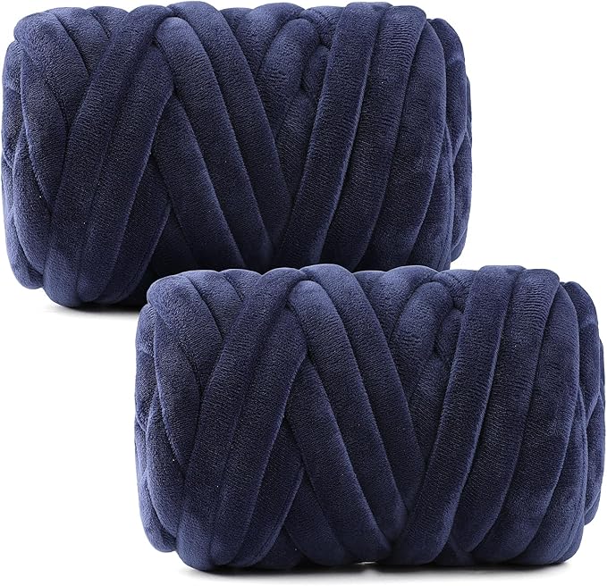 Chunky Yarn for Hand Knitting & Arm Knitting - 2-Pack Value Bundle (1.32lb Total) of Super Bulky Velvet Chenille Tube Yarn for Larger DIY Projects | No-Tool, Machine Washable, Navy Blue