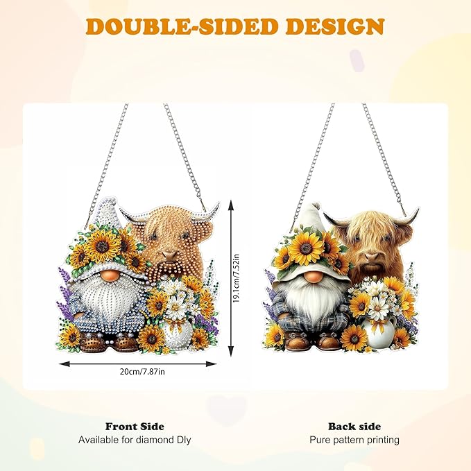 HEIBAGO Cow and Gnome Diamond Art Hanging Kits for Adults, Sunflowers Diamond Art Suncatchers, 5D Special Shape Diamond Painting Pendant Window Ornament Gifts for Home Garden Door Wall Decor 8.3x8.3In